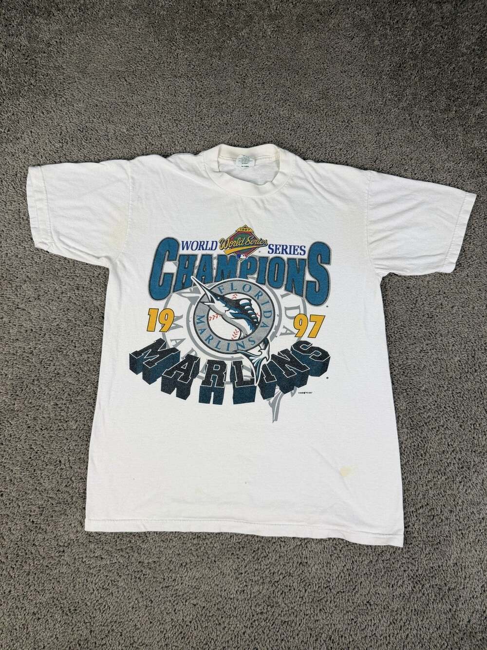 Vintage Florida Marlins Shirt Mens L White MLB Baseball World Series Cotton Wise